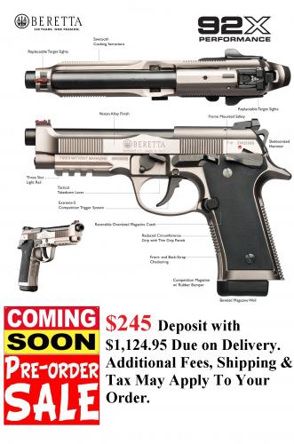 PO DEPOSIT ONLY: Deluxe Hot!!! Beretta 92x INOX Performance-Custom 9mm w Manual Safety