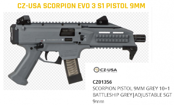 Hard to Find!!! CZ-USA Scorpion EVO 3 S1 Pistol, Semi-Automatic, 9mm, 7.72" Barrel, Battleship Grey, 10+1 Rounds 💲💲Cash $889.95💲💲