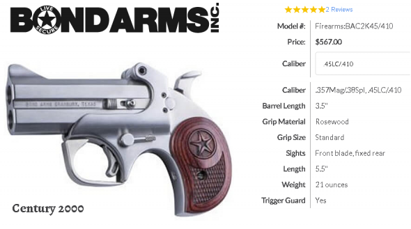Bond Arms C2K Defender 410/45LC, 3.5" Interchangable barrel, 2 Rounds, Stainless Steel Satin Finish, Rosewood Grips 💲💲Cash $489.95 💲💲