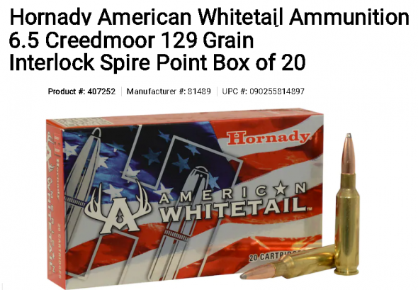 Hornady American Whitetail Ammunition 6.5 Creedmoor 129 Grain Interlock Spire Point Box of 20 💲💲Cash $17.95💲💲