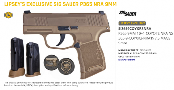 NRA FDE!!! Sig Sauer P365 NRA 9MM Lipsey's Limited Excursive Edition 💲💲Cash $574.95💲💲