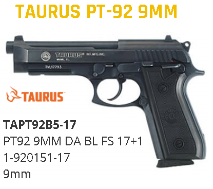 Taurus 92 Standard 9mm 5" 17+1 Rubber Grip Fixed Sight w/Rail Blued 💲💲Cash $409.95💲💲