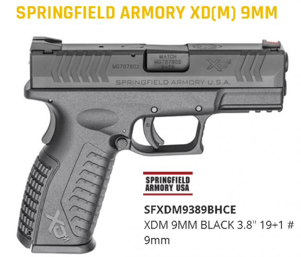 Springfield, XDM, Striker Fired, Full Size, 9MM, 3.8" Barrel, Polymer Frame, Black Finish, Fiber Optic Front and Low Profile Combat Rear Sights, 2 Magazines, 19 Rounds 💲💲Cash $544.95 💲💲