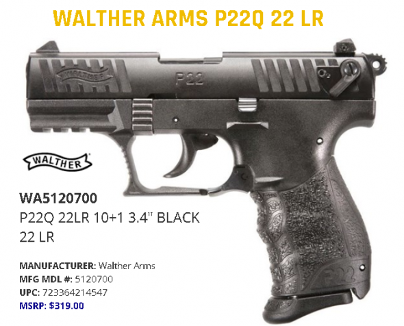 Walther, P22Q, Semi-Automatic, Double Action, Compact, 22LR, 3.4" Barrel, Polymer Frame, Black Finish, 10Rd, 2 Magazines, 3 Dot Polymer Sights 💲💲Cash $289.95💲💲
