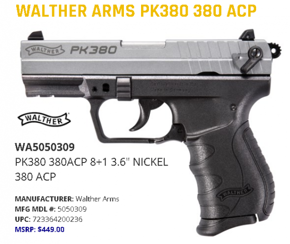 Walther PK380 Nickel 380 ACP 3.66" Barrel 8+1 Round, Black Polymer Frame 💲💲Cash $419.95💲💲