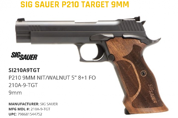 Sig Sauer, P210, Semi-automatic, Single Action Only, Full, 9MM, 5", Steel Frame, Walnut Grips, 2-8Rd Magazines Cash 💲💲$1698.95💲💲