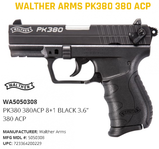 Walther PK380, Semi-automatic, Double Action, Compact, 380ACP, 3.6", Polymer, Blue, 8Rd, 1 Mag, Adjustable Sights 💲💲Cash $359.95💲💲
