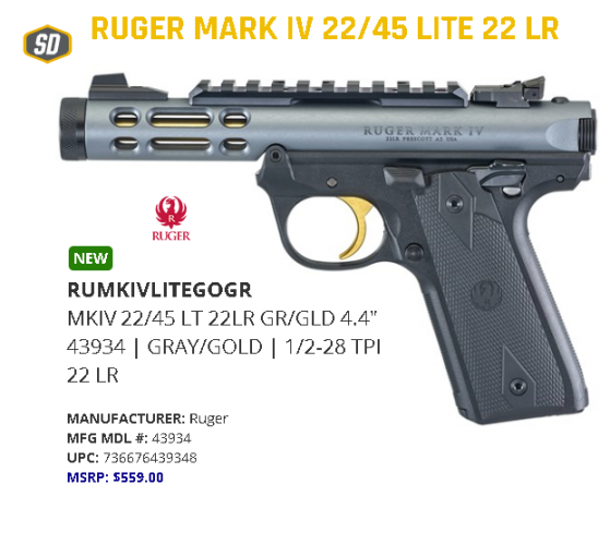 Hot 2020!!!! Ruger, Mark IV 22/45 Lite, Semi-Automatic, 22LR, 4.4" Threaded Barrel, Polymer Frame, Diamond Gray Finish, Checkered Grips, 10Rd, Adjustable Rear Sight 💲💲Cash $484.95💲💲