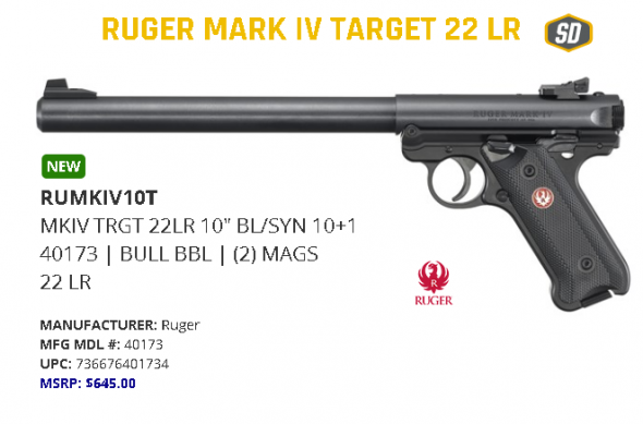 MEGA HOT 2020!!! Ruger, Mark IV Target, Semi-Automatic, 22LR, 10" Bull Barrel, Aluminum Frame, Blued Finish, Checkered Synthetic Grips, 10+1 Round, Adjustable Rear Sight 💲💲Cash $529.95💲💲