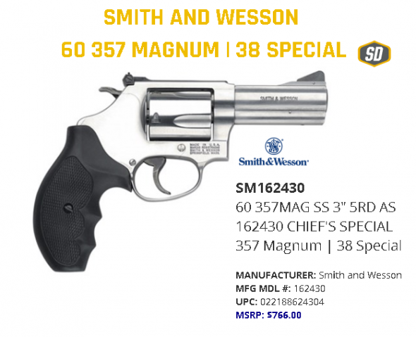 Smith & Wesson Mod 60 357 Remington Magnum 3" 5rd Adj Sights Syn Grip Stainless 162430 💲💲Cash $649.95💲💲
