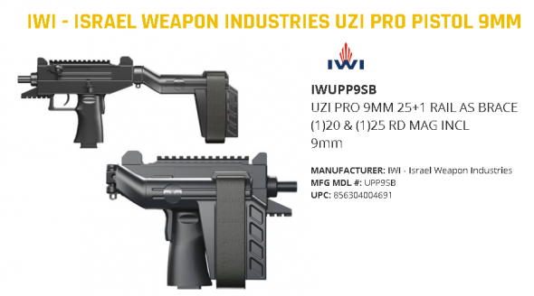 Awesome!!! IWI Uzi Pro Pistol With Folding Stablizing Brace 9mm 4.5 Inch Barrel Adjustable Sights Picatinny Rails Three Safeties 25 Round