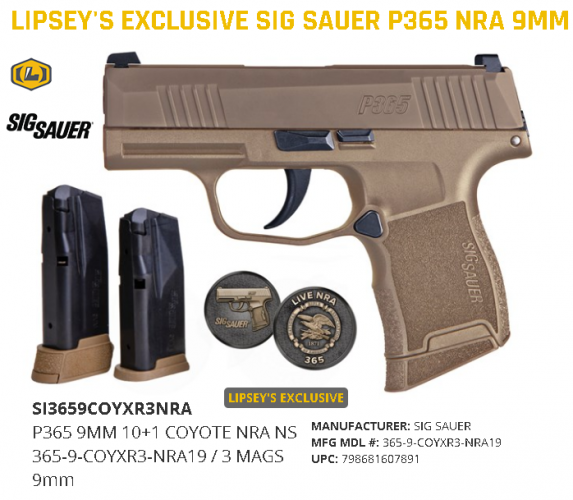 Harder to Find NRA Deluxe Package!!! Sig Sauer P365 NRA 9MM Lipsey's Limited Excursive Edition 💲💲Cash $574.95💲💲