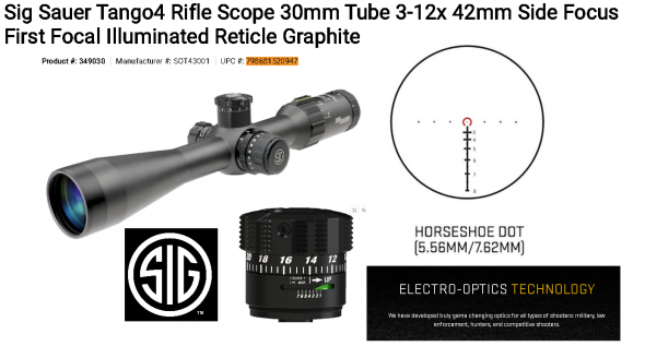 Sig Sauer Tango4 Rifle Scope 30mm Tube 3-12x 42mm Side Focus First Focal Illuminated Reticle Graphite💲💲Cash $599.95💲💲
