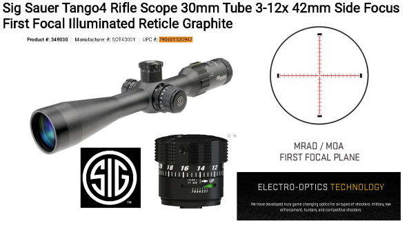Sig Sauer Tango4 Rifle Scope 30mm Tube 3-12x 42mm 1/10 Mil Adjustments Side Focus First Focal Illuminated MRAD Reticle 💲💲Cash $599.95💲💲