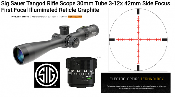 Sig Sauer Tango4 Rifle Scope 30mm Tube 3-12x 42mm 1/10 Mil Adjustments Side Focus First Focal Illuminated MOA Milling Reticle