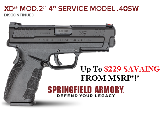 Super Priced!!! Springfield, XD-MOD.2 with GripZone, 40S&W, 4" Barrel, Polymer Frame, Black Finish, Fiber Optic Front and Low Profile Combat Rear Sights, 12Rd, 2 Magazines 💲💲Cash $329.95💲💲