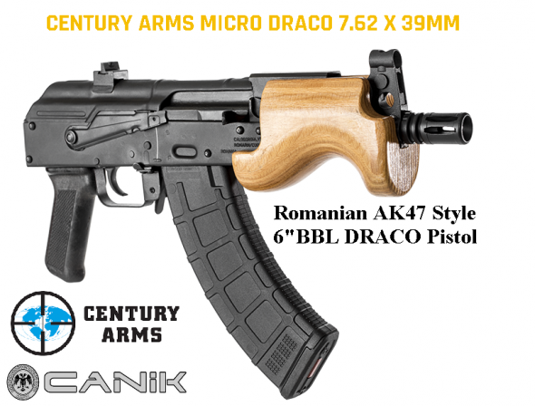 Century Micro Draco AK Pistol, Semi-automatic, 762X39, 6" Barrel, Steel Frame, Black Finish, Polymer Grips, Comes with 1-10Rd and 1-30Rd magazine, Removable Flash Hider, Wood Hand Guard $$Cash$699.95$