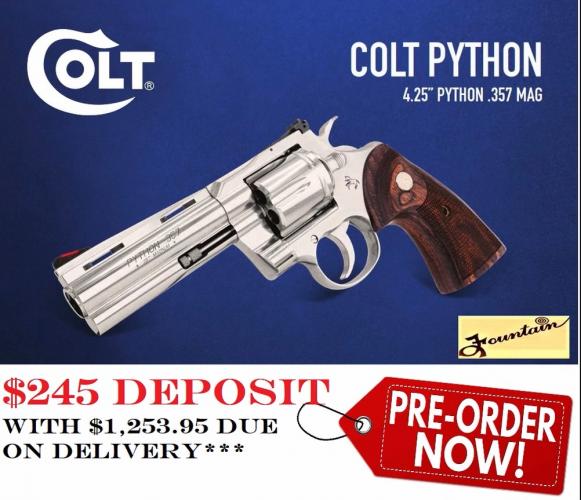 PO DEPOSIT ONLY: NEW COLT PYTHON 2020 357 MAG, STAINLESS, 4.25" BARREL, 6 ROUNDS - New for 2020!!!