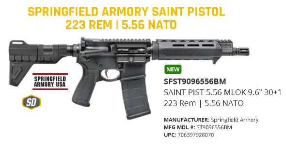 New 2020!!! Springfield, Saint Pistol, AR15, 5.56 NATO, 9.6" Barrel, Black Anodized Finish, M-Lok BCM Carbine Length Handguard, Pic Rail Gas Block, Trinity Force Breach Blade Collapsable Arm Brace, Includes (1) 30Rd Magpul 💲💲Cash $764.95💲💲