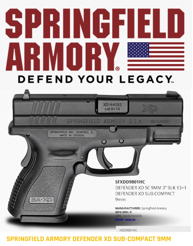 Super Value!!! Springfield, XD9, Defender Series, Striker Fired, Sub Compact, 9MM, 3" Barrel, Polymer Frame, Black Finish, Fixed Sights, 1 Magazine, 13Rd
