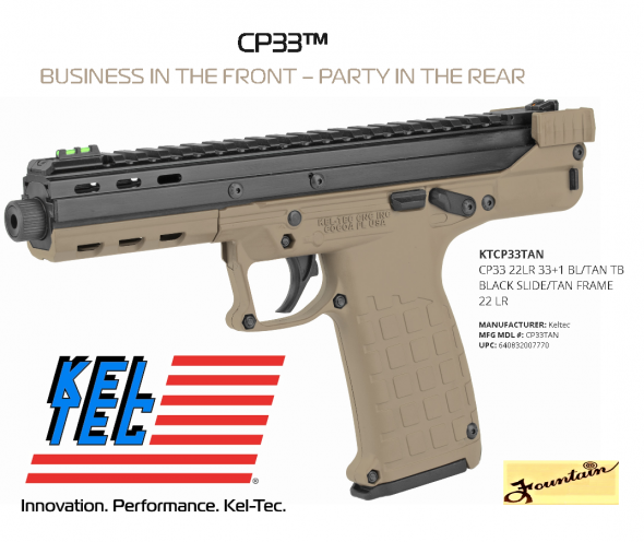Mega Hot 2020!! Kel-Tec, TAN CP33, 22 LR, 5.5" Barrel, Polymer Frame, Adjustable Fiber Optic Sights, TAN Finish, 33Rd, 1 Magazine 💲💲Cash $534.95💲💲