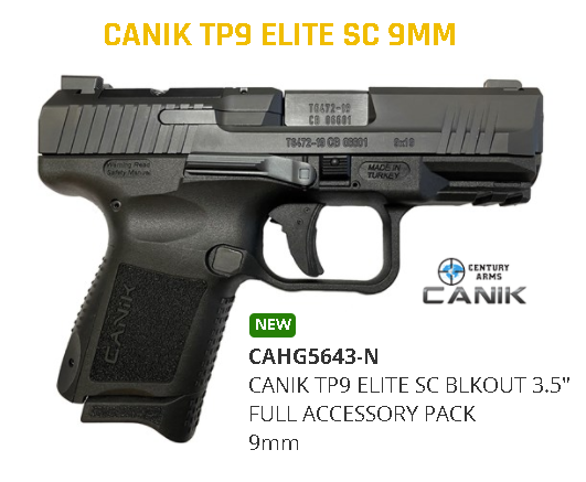 New 2020!!! CANIK, TP9 Elite SC Blackout Edition, Semi-Automatic Pistol, Striker Fired, 9MM, 3.6" Barrel, Polymer Frame, Black Finish, Micro Red-Dot Base, Holster & Interchangeable Back Straps, 12 Round, 2 Magazines