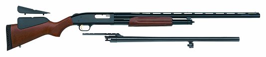 mossberg 500 pump 12 gauge field and deer shotgun combo 24" and 28" barrels 3" chamber 6 rounds wood stock blued finish