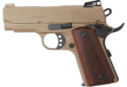eaa girsan mc1911sc officer model 9mm luger semi auto pistol 3.4" barrel 7 rounds adjustable rear sight ambidextrous safety fde finish